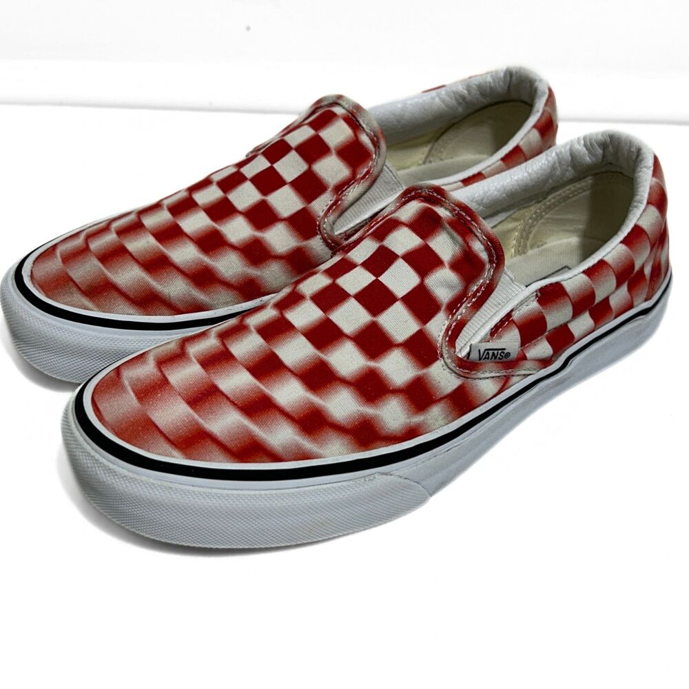 Vans Classic Slip-On Blur Check Red White Checkerboard Sneakers M7 W8.5